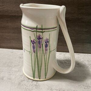 Studio Art Pottery Pitcher Hand Painted Purple Iris Flowers Handmade Signed 8"